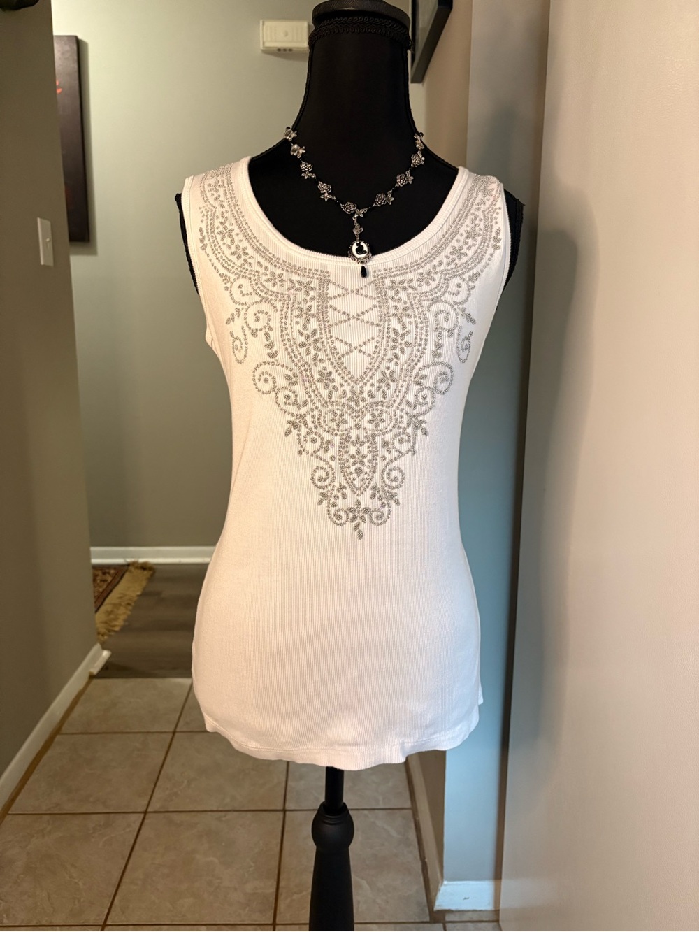 Only Mine White Tank Top with Silver Embellished Neckline